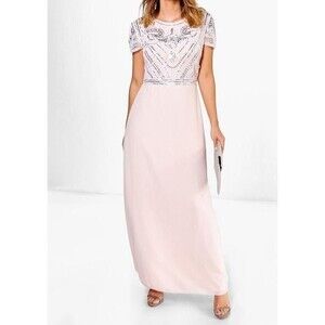 Boohoo Boutique Nude Embellished Maxi Dress Size 10 Formal‎ Evening Gown NWT